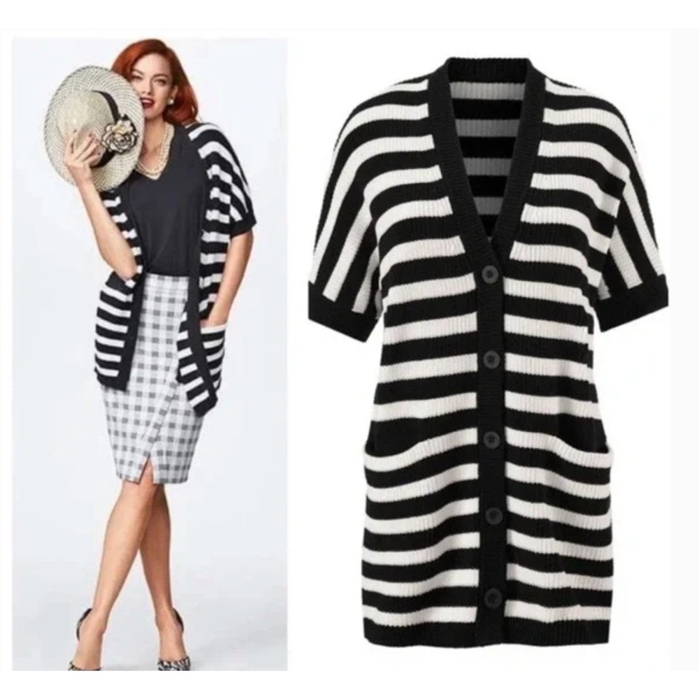 CABI 5289 Black & White Stripe WHISTLE CARDIGAN SWEATER Short Sleeve Pockets S